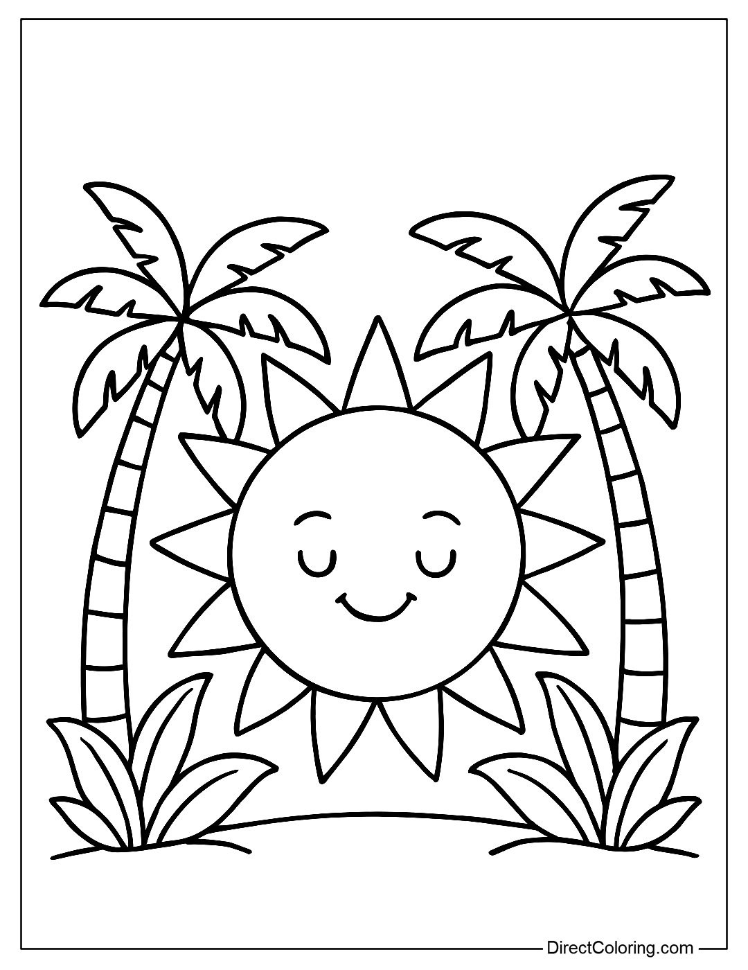 Sun coloring page with tropical coconut trees around, medium strokes